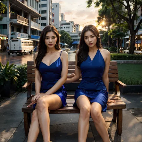 Female supermodel. Sits on wooden bench. Bangkok Art and Culture Centre (BACC). Royal blue evening dress. Sunset.