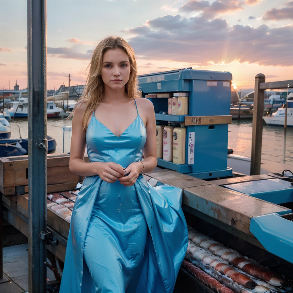 Weibliches Supermodel. Billingsgate Fischmarkt, London. Pastellblaues Abendkleid. Sonnenuntergang