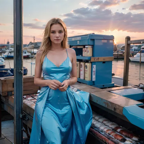 Female supermodel. Billingsgate Fish Market, London. Pastel blue evening dress. Sunset