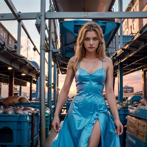 female supermodel. billingsgate fish market, london. pastel blue evening dress. sunset