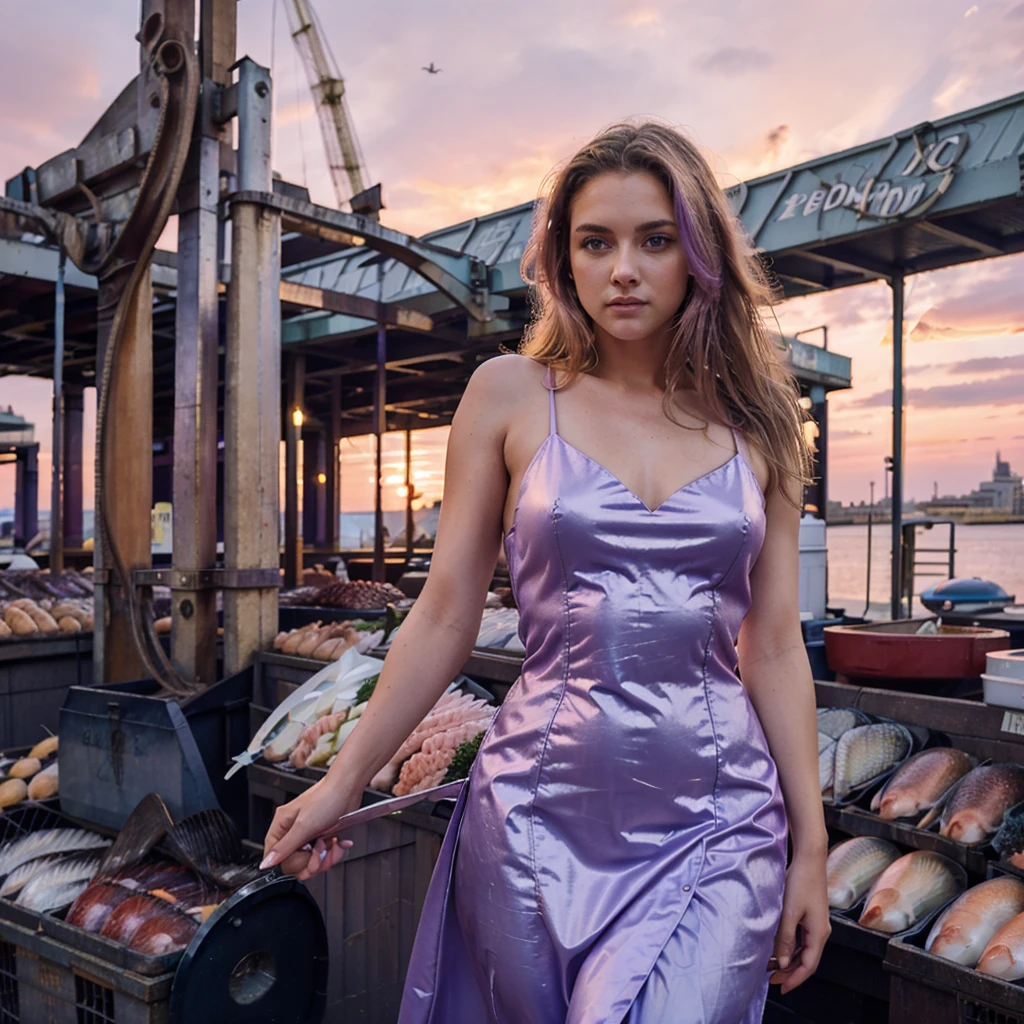 supermodelo femenina. Mercado de pescado de Billingsgate, Londres. Vestido de noche morado pastel. atardecer