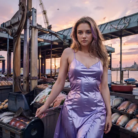 female supermodel. billingsgate fish market, london. pastel purple evening dress. sunset