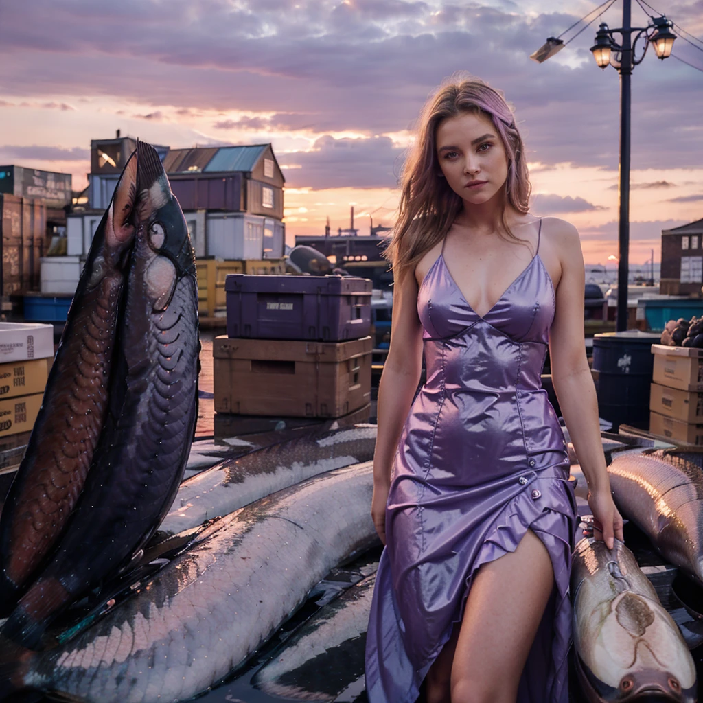 supermodelo femenina. Mercado de pescado de Billingsgate, Londres. Vestido de noche morado pastel. atardecer