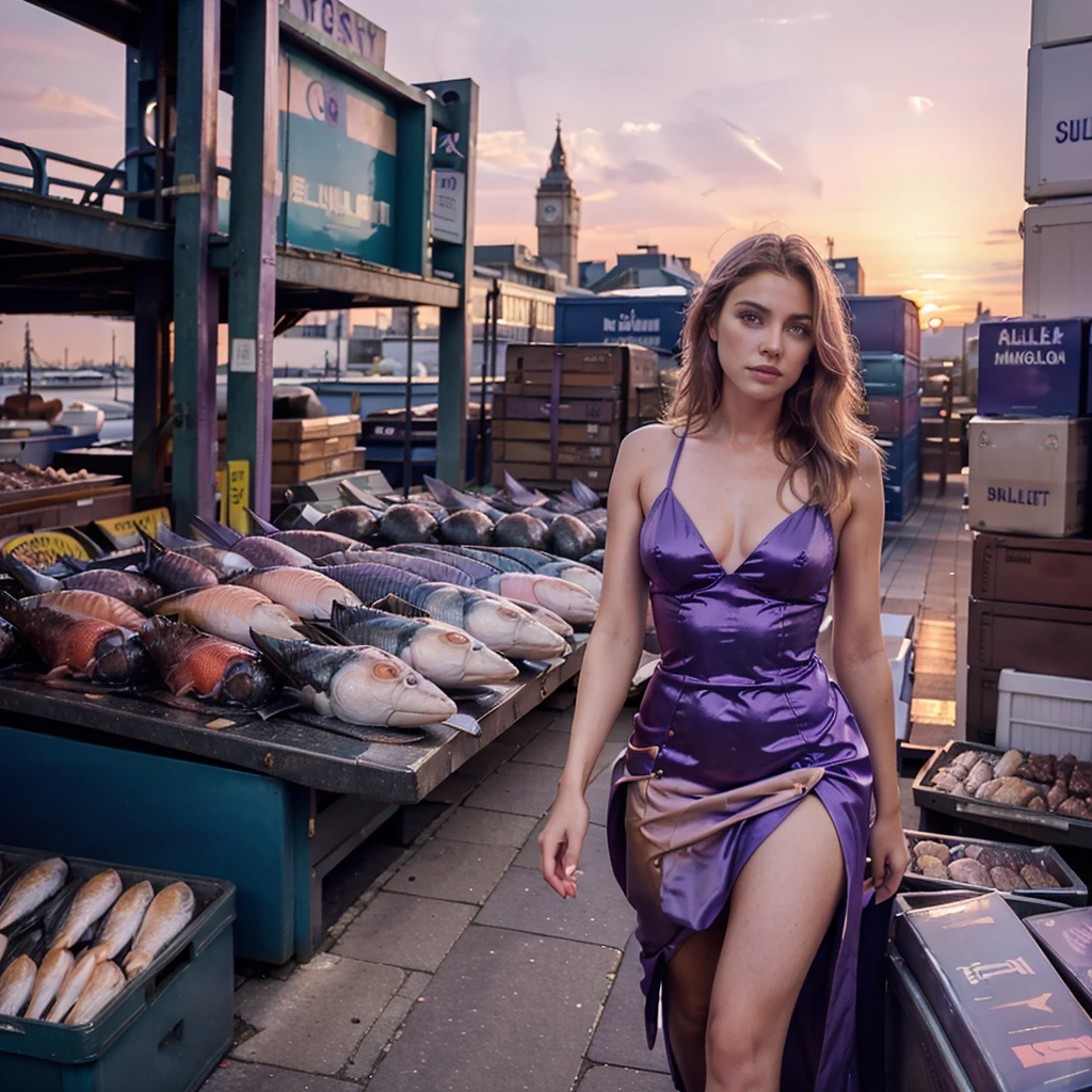 supermodelo femenina. Mercado de pescado de Billingsgate, Londres. Vestido de noche morado pastel. atardecer