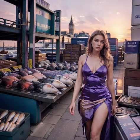 Female supermodel. Billingsgate Fish Market, London. Pastel purple evening dress. Sunset