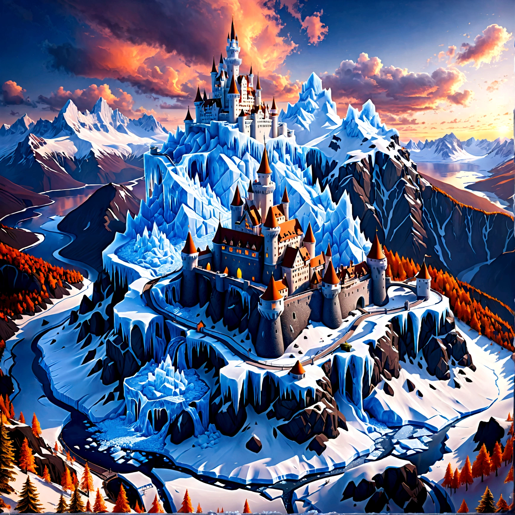 a panoramic award winning photography, Photorealistic, extremely detailed of a castle made from (ice: 1.3), standing on the peak of a snowy mountain, an impressive best detailed castle made from ice (Photorealistic, extremely detailed), with towers, bridges, a moat filled with lava (Photorealistic, extremely detailed),  standing on top of a snowy mountain (masterpiece, extremely detailed, best quality), with pine trees, sunset light, some clouds in the air,  alpine mountain range background, best realistic, best details, best quality, 16k, [ultra detailed], masterpiece, best quality, (extremely detailed), ultra wide shot, photorealism, depth of field, faize, high quality, landscape, lava land,