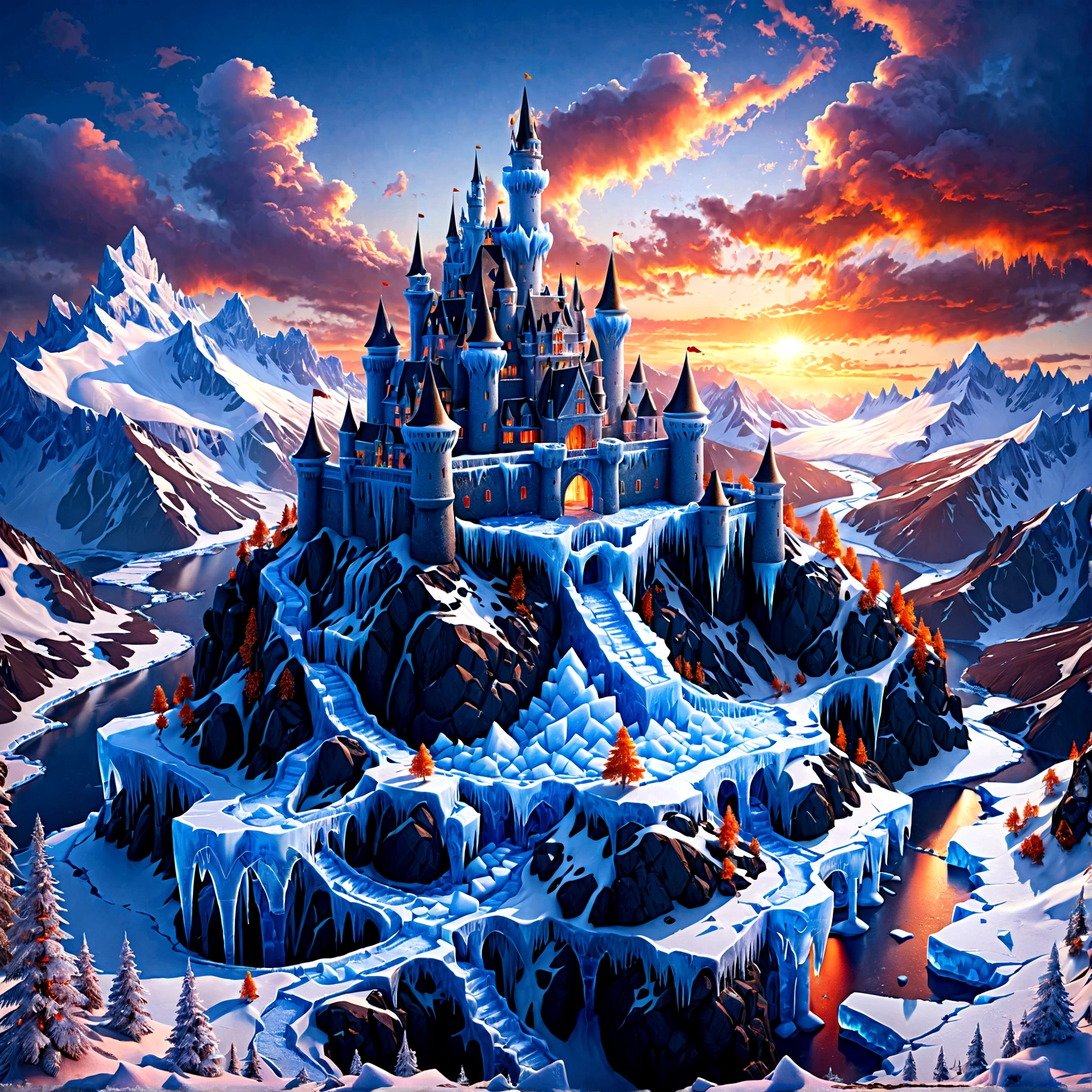 una fotografía panorámica premiada, Fotorrealista, extremadamente detallado of a castle made from (hielo: 1.3), De pie en la cima de una montaña nevada, an impressive best detailed castle made from hielo (Fotorrealista, extremadamente detallado), con torres, puentes, un foso lleno de lava (Fotorrealista, extremadamente detallado),  parado en la cima de una montaña nevada (obra maestra, extremadamente detallado, mejor calidad), con pinos, luz del atardecer, algunas nubes en el aire,  fondo de la cordillera alpina, mejor realista, Mejores detalles, mejor calidad, 16k, [Ultra detallado], obra maestra, mejor calidad, (extremadamente detallado), toma de gran angular, photorealism, profundidad de campo, de interes, alta calidad, paisaje, tierra de lava,