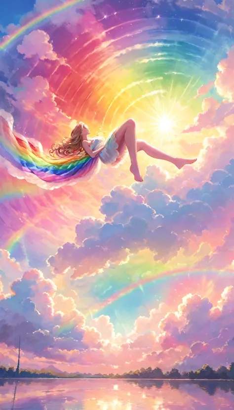 A stunningly ethereal figure, composed of a dazzling array of rainbow hues, reclines gracefully at the end of a radiant rainbow ...