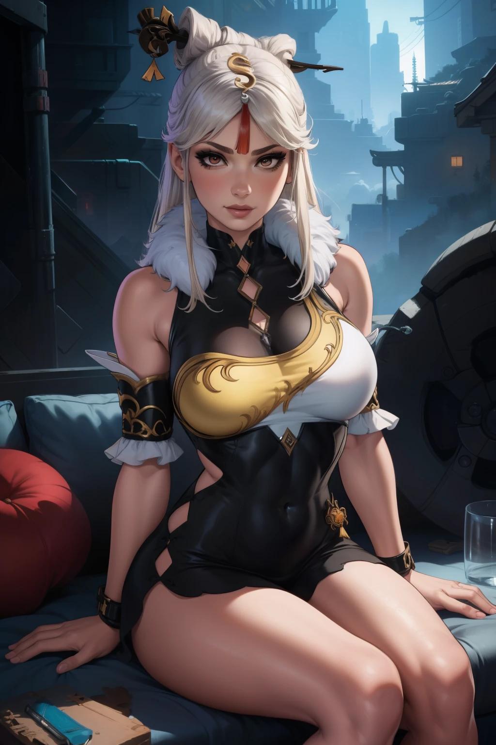 ningguang style, 8k, hdr, ureal engine, ultra quality, big breasts  Beautiful woman colored hair, sitting cross-legged, ripped clothes, long breasts,detailed realistic cyberpunk style, blond hair, body,