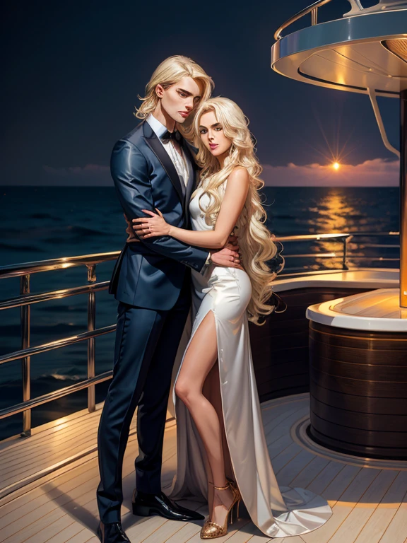 A tall, statuesque, courageous, handsome young man is a platinum blonde in an expensive branded elegant suit, he has tanned skin, blue eyes, long straight white hair, he stands on the deck of an elite yacht and hugs an incredibly beautiful young fatal blonde in a luxurious evening shimmering dress, she has long golden hair styled in a beautiful hairstyle Blue eyes, high heels, she hugs him. They are in love, they are happy, the reward is the winning TIPA masterpiece, a luxury yacht, a passionate night, the ocean.