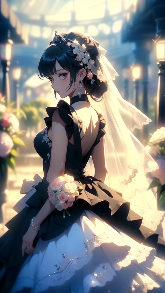 ((Gorgeous  big tiara))((black wedding dress))(masterpiece), (highest quality), (black glasses)(Super detailed), (Highly detailed CG), (Very delicate),((Super long skirt)) ((Black garter stockings)(Perfect lighting), (8k), (Dynamic Angle), (Clear images), Vibrant colors, woman, masterpiece, highest quality, Depth of written boundary, masterpiece, highest quality, Super detailed, colorful, Vibrant,, Thighs, mature woman, alone, (masterpiece, highest quality, High resolution, Anime Screen Capture, Anime Color,), (Perfect Anatomy, Beautiful fine details, Beautiful detail body, Beautiful breasts, Shiny skin), (Sexy mature anime standing outside in a wedding dress)woman, ((black wedding princess dress)) , (wedding style), night, ((Garden Wedding))、performer, View Viewer, Side bangs, Redhead, The eyes are round, Braided Ponytail, Side bangs, Medium chest, Mid-chest, Outdoor , blue sky、pigeon、((Happy Face))((Holding a beautiful bouquet of flowers))(((Woman in a jet black wedding dress)))