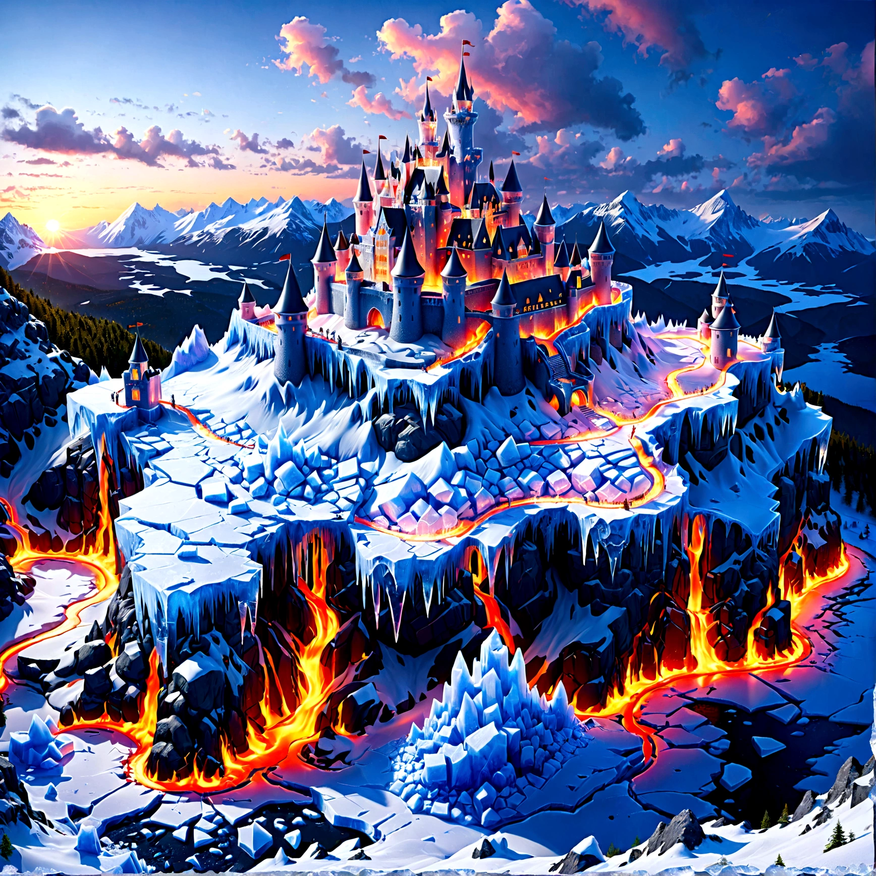 a panoramic award winning photography, Photorealistic, extremely detailed of a castle made from (ice: 1.3), standing on the peak of a snowy mountain, an impressive best detailed castle made from ice (Photorealistic, extremely detailed), with towers, bridges, a moat filled with lava (Photorealistic, extremely detailed),  standing on top of a snowy mountain (masterpiece, extremely detailed, best quality), with pine trees, sunset light, some clouds in the air,  alpine mountain range background, best realistic, best details, best quality, 16k, [ultra detailed], masterpiece, best quality, (extremely detailed), ultra wide shot, photorealism, depth of field, faize, high quality, landscape, lava land,