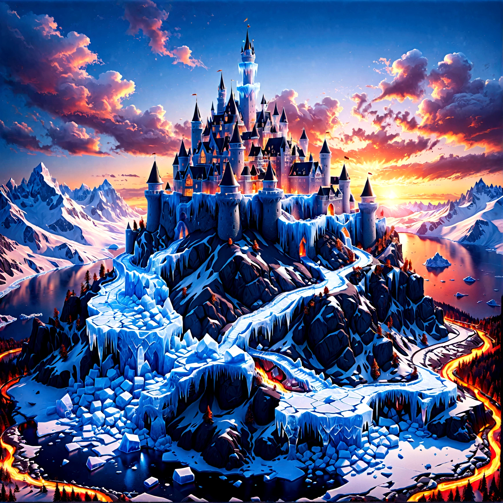 a panoramic award winning photography, Photorealistic, extremely detailed of a castle made from (ice: 1.3), standing on the peak of a snowy mountain, an impressive best detailed castle made from ice (Photorealistic, extremely detailed), with towers, bridges, a moat filled with lava (Photorealistic, extremely detailed),  standing on top of a snowy mountain (masterpiece, extremely detailed, best quality), with pine trees, sunset light, some clouds in the air,  alpine mountain range background, best realistic, best details, best quality, 16k, [ultra detailed], masterpiece, best quality, (extremely detailed), ultra wide shot, photorealism, depth of field, faize, high quality, landscape, lava land,