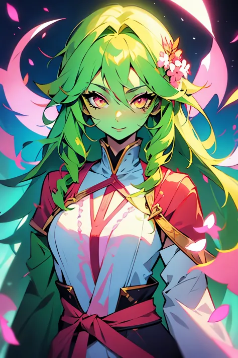 anime style, green skin plant girl, green skin, pink hair, leaves visible on the body, beautiful character, red eyes, captivatin...
