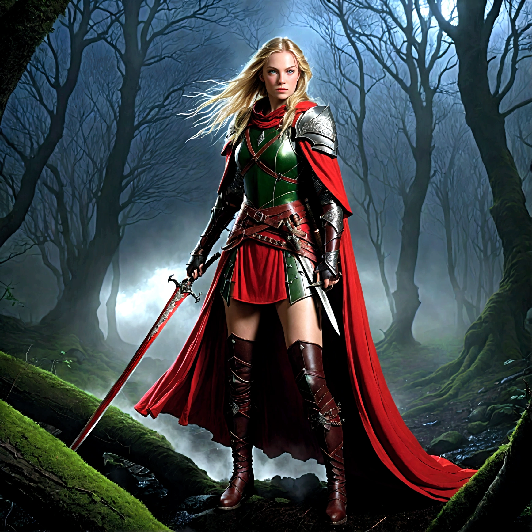 幻想藝術, 角色扮演藝術, Dark 幻想藝術, 超廣角鏡頭, 生的, 逼真的, 的一張照片 (1單人: 1.5) 女性人類遊俠, 護林員, 一個精緻美麗的人類女人, 金色長髮, 辮髮, 綠眼睛, 穿著 leather armor, 穿著 (紅色斗篷: 1.1), 武裝有 (劍: 1.3), 穿著 laced boots, 夜晚站在黑暗的森林裡, (霧氣從地面升起: 1.3), 恐懼感, 但她卻勇敢無畏, 黑暗奇幻森林背景, 最好的品質, 16k, [超詳細], 傑作, 最好的品質, (超詳細), 全身, 超廣角鏡頭, 照片寫實主義, 劍與盾, 黑暗小說