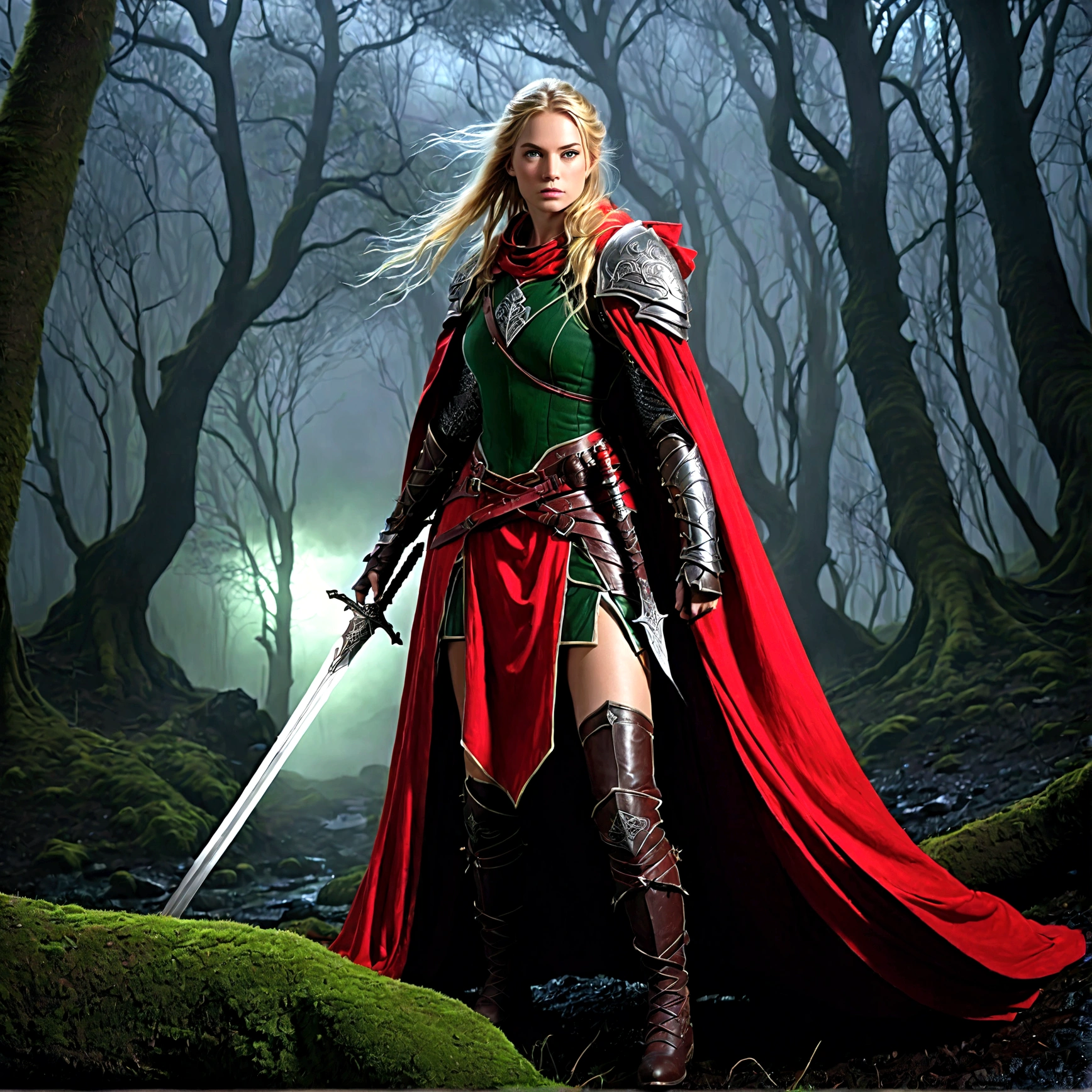 fantasy art, RPG art, Dark fantasy art, ultra wide shot, RAW, photorealistic, a picture of (1single: 1.5) female human ranger, the ranger, an exquisite beautiful human woman, long blond hair, braided hair, green eyes, wearing leather armor, wearing (red cloak: 1.1), armed with a (sword: 1.3), wearing laced boots, standing in a dark forest at night, (mist rising from the grounds: 1.3), a sense of dread and fear, yet she stands defiant and fearless, dark fantasy forest background, best quality, 16k, [ultra detailed], masterpiece, best quality, (ultra detailed), full body, ultra wide shot, photorealism, Sword and shield, dark novel