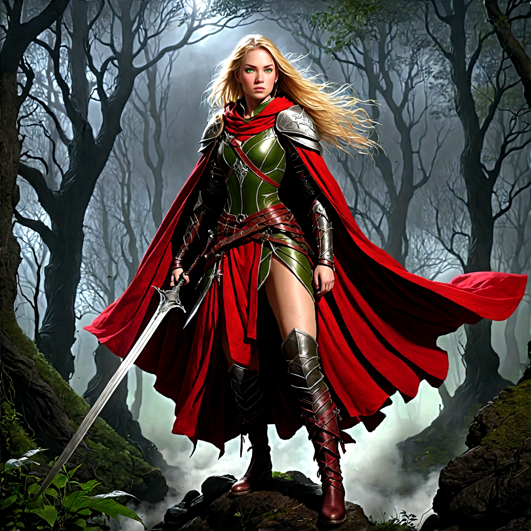 Fantasy-Kunst, RPG art, Dark Fantasy-Kunst, Ultraweite Aufnahme, Roh, fotorealistisch, ein Bild von (1Einzel: 1.5) weiblicher menschlicher Ranger, der Ranger, eine exquisite, schöne menschliche Frau, langes blondes Haar, geflochtenes Haar, grüne Augen, tragen leather armor, tragen (Roter Umhang: 1.1), bewaffnet mit einem (Schwert: 1.3), tragen laced boots, nachts in einem dunklen Wald stehen, (Nebel steigt vom Boden auf: 1.3), ein Gefühl von Furcht und Angst, doch sie steht trotzig und furchtlos da, dunkler Fantasiewaldhintergrund, beste Qualität, 16k, [Extrem detailliert], Meisterwerk, beste Qualität, (Extrem detailliert), Ganzkörper, Ultraweite Aufnahme, Fotorealismus, Schwert und Schild, dunkler Roman