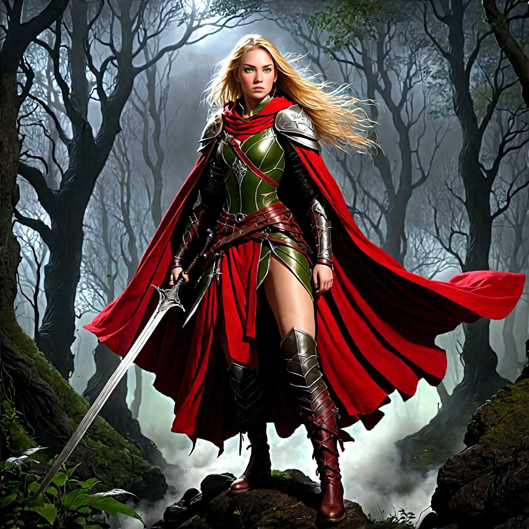 fantasy art, RPG art, Dark fantasy art, ultra wide shot, RAW, photorealistic, a picture of (1single: 1.5) female human ranger, the ranger, an exquisite beautiful human woman, long blond hair, braided hair, green eyes, wearing leather armor, wearing (red cloak: 1.1), armed with a (sword: 1.3), wearing laced boots, standing in a dark forest at night, (mist rising from the grounds: 1.3), a sense of dread and fear, yet she stands defiant and fearless, dark fantasy forest background, best quality, 16k, [ultra detailed], masterpiece, best quality, (ultra detailed), full body, ultra wide shot, photorealism, Sword and shield, dark novel