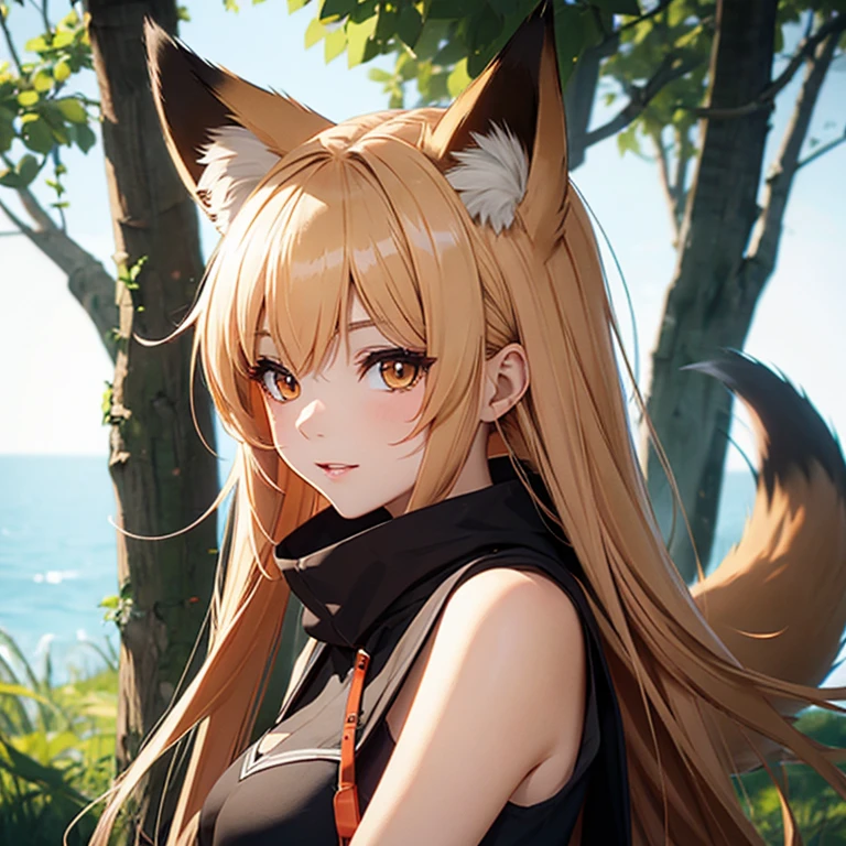 Fox Girl, Fox&#39;s Tail, Nine-Tailed Fox,Fox Ears, Black colored hair, Fox Makeup,One Girl、 Kimono with open chest, Body size is 100-70-90!、Nice body, Avatar, face, Open chest, lewd face, Dominant representation, naughty face,Big Breasts,Emphasize cleavage,Show bare skin、Skin is visible、With legs apart、Show off your thighs、With legs apart、A beautifully patterned kimono、I can see her cleavage、Muscular、Uplifting、Abdominal muscles、Exposed skin、Long Hair、Skin Texture、Soft breasts 、outside、Grassy field