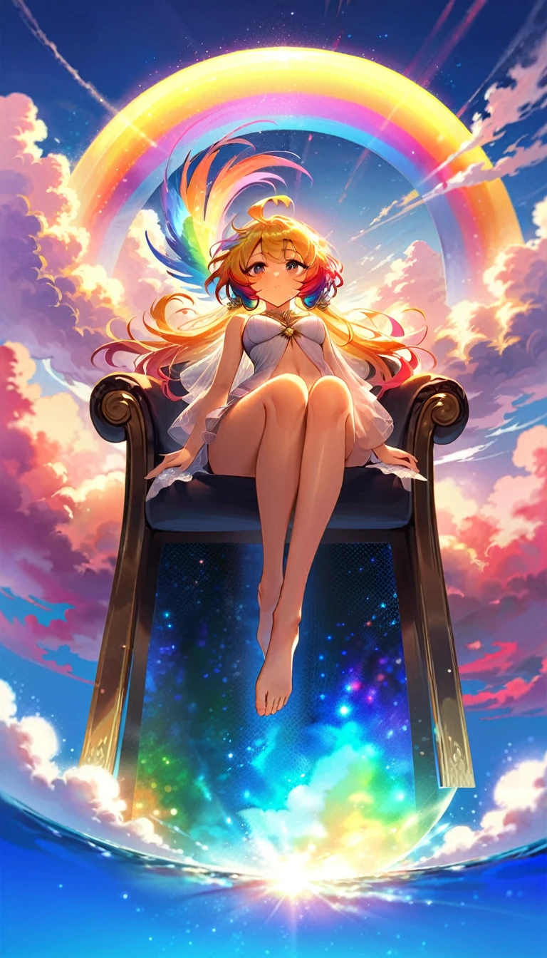 A stunningly ethereal figure, composed of a dazzling array of rainbow hues, reclines gracefully at the end of a radiant rainbow on fluffy clouds in the sky. Bathed in dynamic and enchanting lighting, accentuates her vibrant, full-bodied form. Fantasy art. Masterpiece 