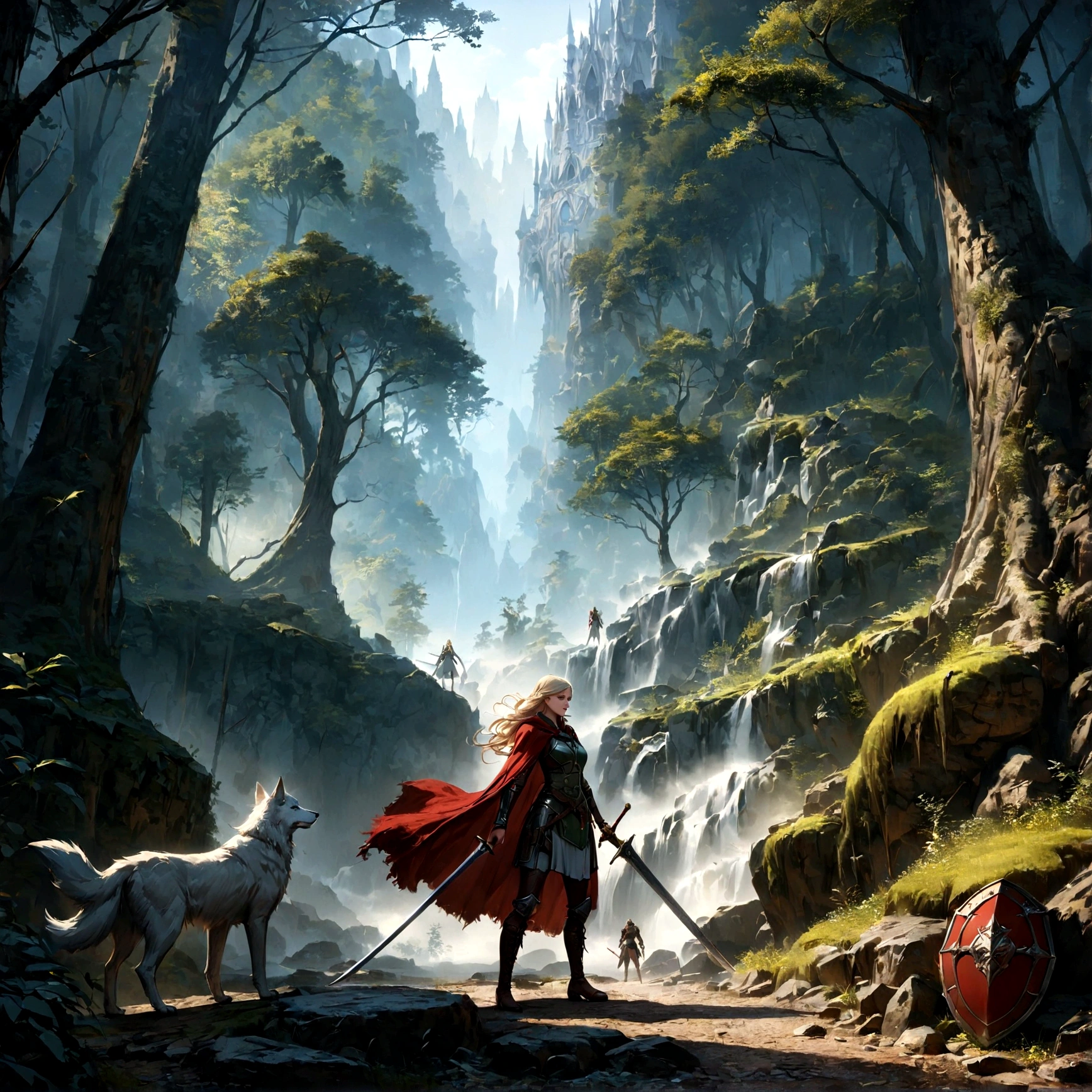 Fantasy-Kunst, RPG art, Dark Fantasy-Kunst, Ultraweite Aufnahme, Roh, fotorealistisch, ein Bild von (1Einzel: 1.5) weiblicher menschlicher Ranger, der Ranger, eine exquisite, schöne menschliche Frau, langes blondes Haar, geflochtenes Haar, grüne Augen, tragen leather armor, tragen (Roter Umhang: 1.1), bewaffnet mit einem (Schwert: 1.3), tragen laced boots, nachts in einem dunklen Wald stehen, (Nebel steigt vom Boden auf: 1.3), ein Gefühl von Furcht und Angst, doch sie steht trotzig und furchtlos da, da ist ein Wolfsgefährte bei ihr,  dunkler Fantasiewaldhintergrund, beste Qualität, 16k, [Extrem detailliert], Meisterwerk, beste Qualität, (Extrem detailliert), Ganzkörper, Ultraweite Aufnahme, Fotorealismus, Schwert und Schild, dunkler Roman