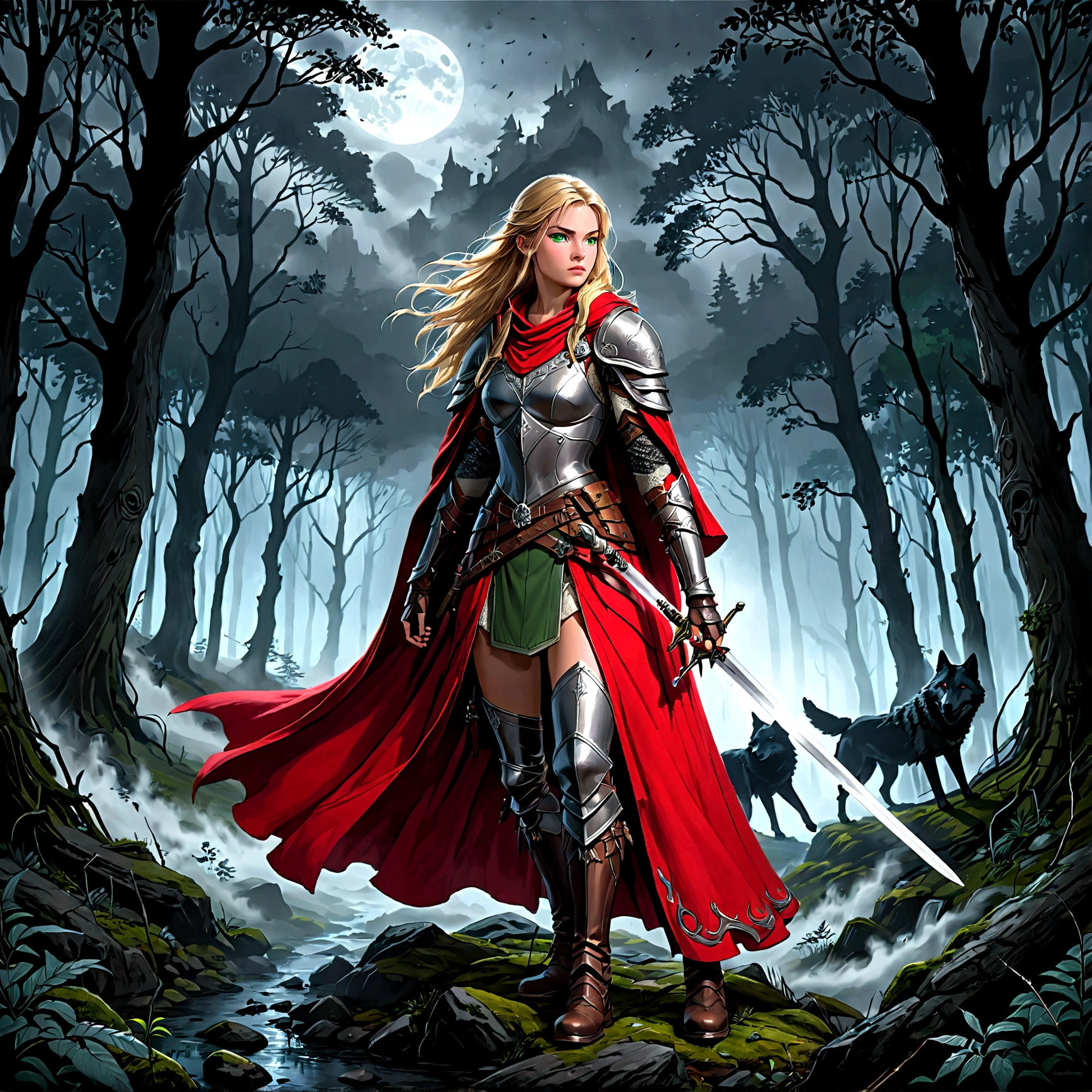 fantasy art, RPG art, Dark fantasy art, ultra wide shot, RAW, photorealistic, a picture of (1single: 1.5) female human ranger, the ranger, an exquisite beautiful human woman, long blond hair, braided hair, green eyes, wearing leather armor, wearing (red cloak: 1.1), armed with a (sword: 1.3), wearing laced boots, standing in a dark forest at night, (mist rising from the grounds: 1.3), a sense of dread and fear, yet she stands defiant and fearless, there is a wolf companion with her,  dark fantasy forest background, best quality, 16k, [ultra detailed], masterpiece, best quality, (ultra detailed), full body, ultra wide shot, photorealism, Sword and shield, dark novel