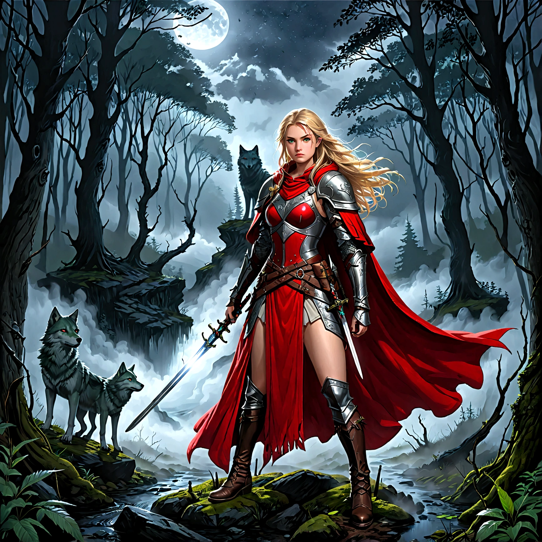 fantasy art, RPG art, Dark fantasy art, ultra wide shot, RAW, photorealistic, a picture of (1single: 1.5) female human ranger, the ranger, an exquisite beautiful human woman, long blond hair, braided hair, green eyes, wearing leather armor, wearing (red cloak: 1.1), armed with a (sword: 1.3), wearing laced boots, standing in a dark forest at night, (mist rising from the grounds: 1.3), a sense of dread and fear, yet she stands defiant and fearless, there is a wolf companion with her,  dark fantasy forest background, best quality, 16k, [ultra detailed], masterpiece, best quality, (ultra detailed), full body, ultra wide shot, photorealism, Sword and shield, dark novel
