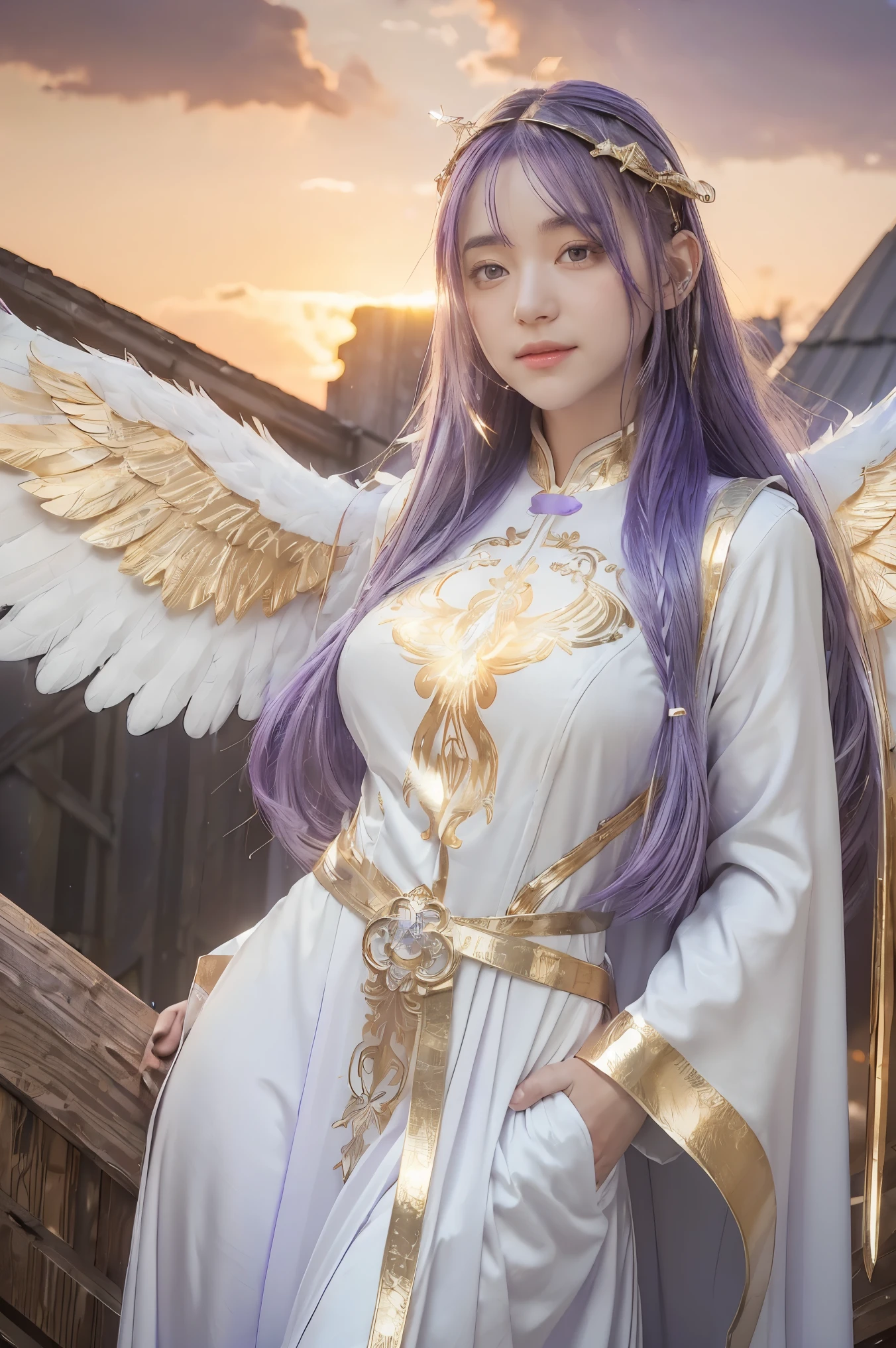 ((masterpiece, best quality, extremely detailed), volumetric lighting, ambient occlusion, colorful, glowing), 
1girl, solo, young girl, (purple hair), long hair, halo, aura, sacred, goddess, cleric suit, (white outfit with gold detailst:1.3), angel wings,
outdoors, sunset, sky, clouds, space, (fantasy theme:1.2),