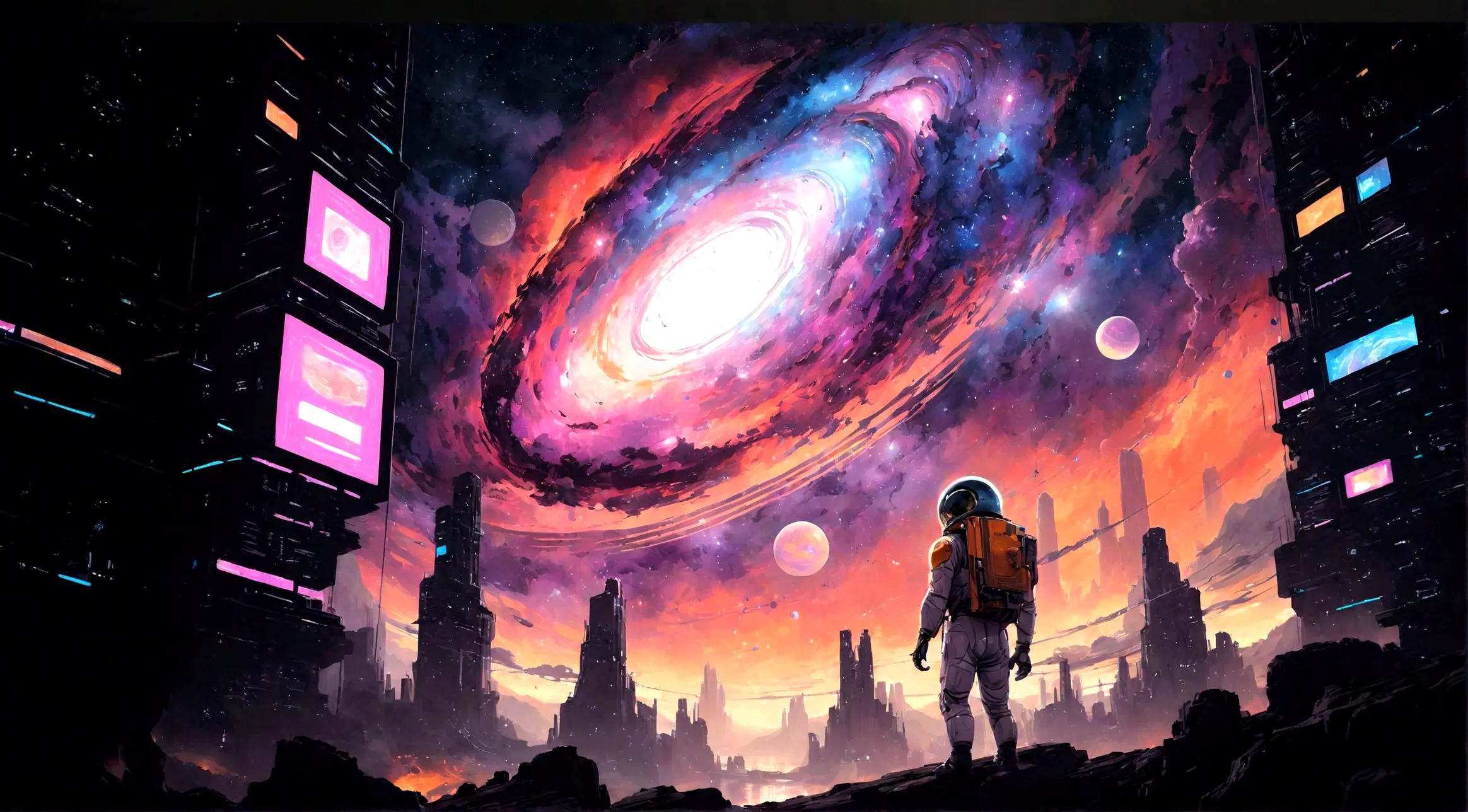 un homme en costume d&#39;astronaute debout sur un rocher regardant une galaxie, Greg Beeple, endless cosmos in the background, ...
