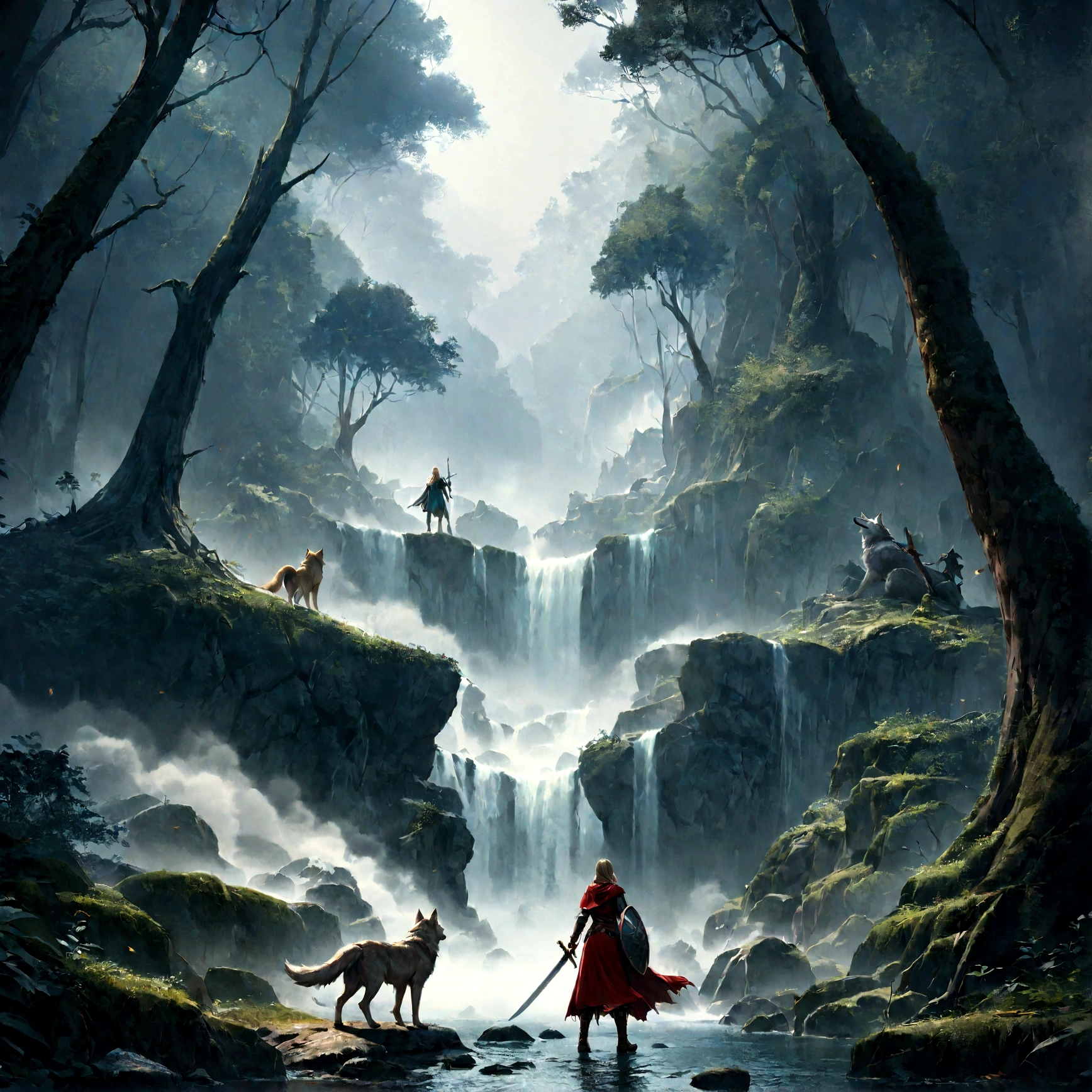 fantasy art, RPG art, Dark fantasy art, ultra wide shot, RAW, photorealistic, a picture of (1single: 1.5) female human ranger, the ranger, an exquisite beautiful human woman, long blond hair, braided hair, green eyes, wearing leather armor, wearing (red cloak: 1.1), armed with a (sword: 1.3), wearing laced boots, standing in a dark forest at night, (mist rising from the grounds: 1.3), a sense of dread and fear, yet she stands defiant and fearless, there is a wolf companion with her,  dark fantasy forest background, best quality, 16k, [ultra detailed], masterpiece, best quality, (ultra detailed), full body, ultra wide shot, photorealism, Sword and shield, dark novel