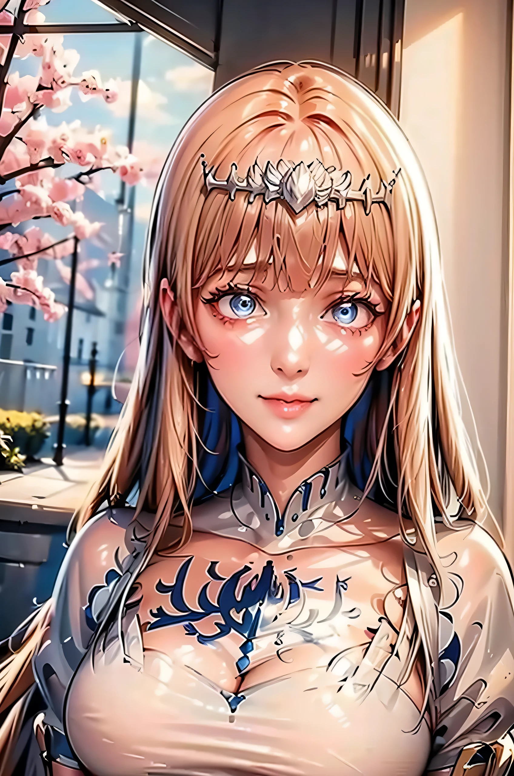 best quality, masterpiece, highly detailed,1girl, (masterpiece:1.5), Detailed Photo, Smiling, (8K, Best Quality: 1.4), (1girl), Beautiful Face, (anime realistic Face), Realistic eyes, beautiful detail eyes, (white skin), beautiful skin, absurd, attractive, ultra-high resolution, ultra-realistic, high definition, golden ratio,, Pinkish white skin, cool white light, sexy pose, Beautiful, pink soft white light, 1girl, solo, Calca, Calca Bessarez, blonde hair, extremely long hair, very long hair, white tiara, silver tiara, white dress, blue eyes, medium chest,