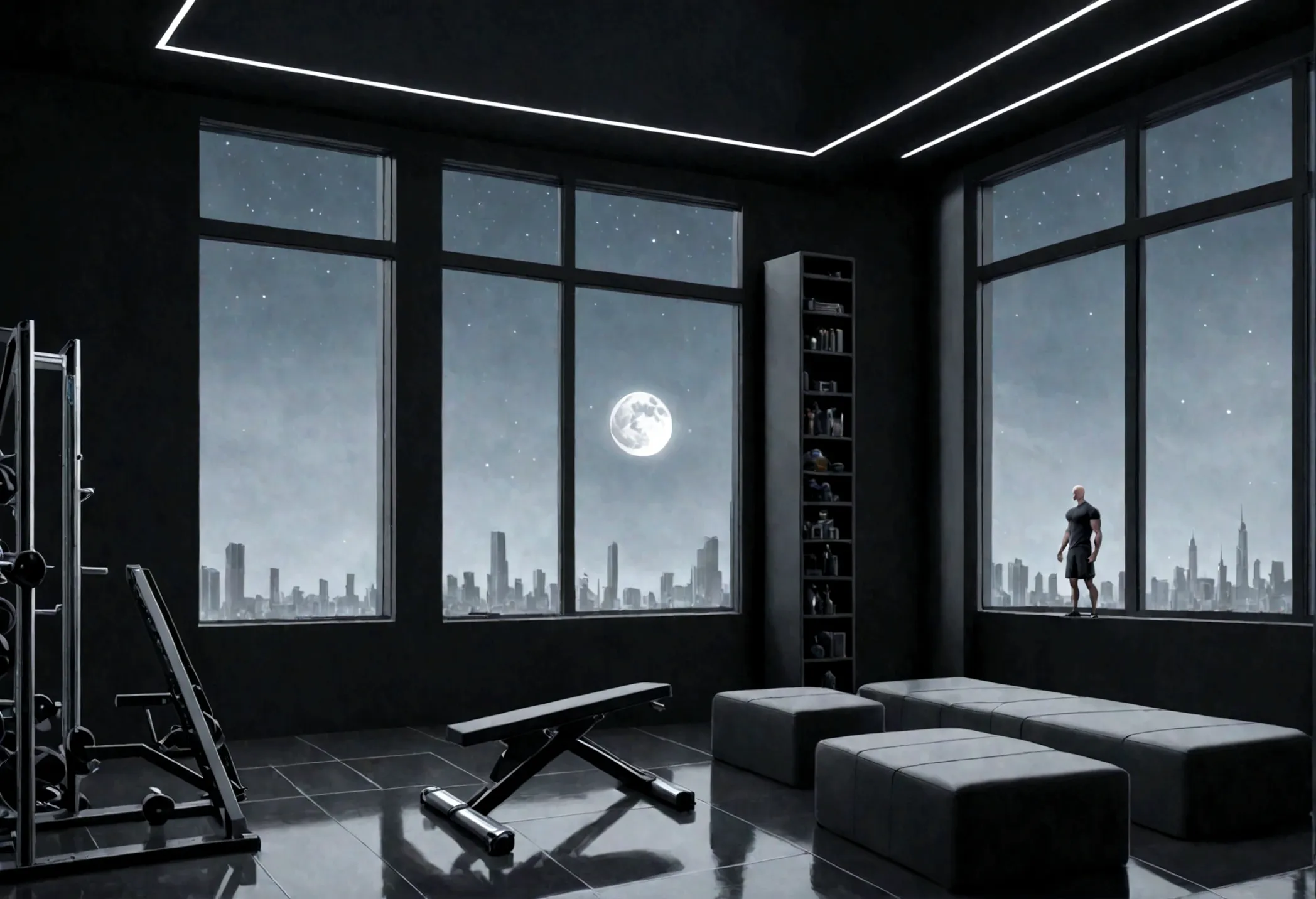 a gym , minimalist, high tech room design with large bay window, a crescent moon in the sky . a lone bald man, thin and muscular...