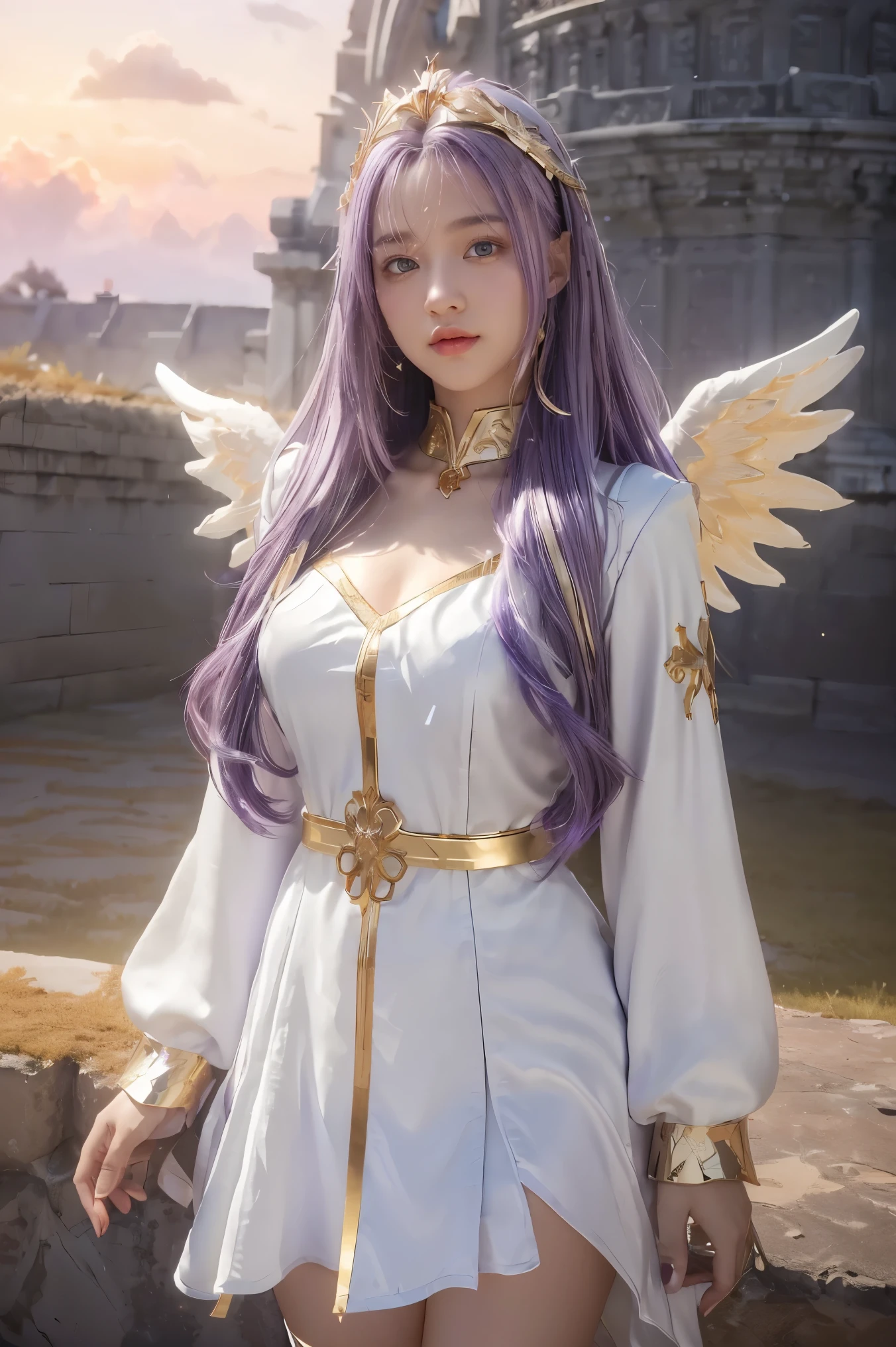 ((masterpiece, best quality, extremely detailed), volumetric lighting, ambient occlusion, colorful, glowing), 
1girl, solo, young girl, (purple hair), long hair, halo, aura, sacred, goddess, cleric suit, (white outfit with gold detailst:1.3), angel wings,
outdoors, sunset, sky, clouds, space, (fantasy theme:1.2),