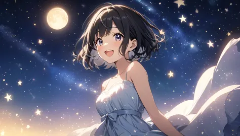 Please draw an anime-style illustration of a woman singing under a starry sky. She has short bob black hair, is wearing a dress,...