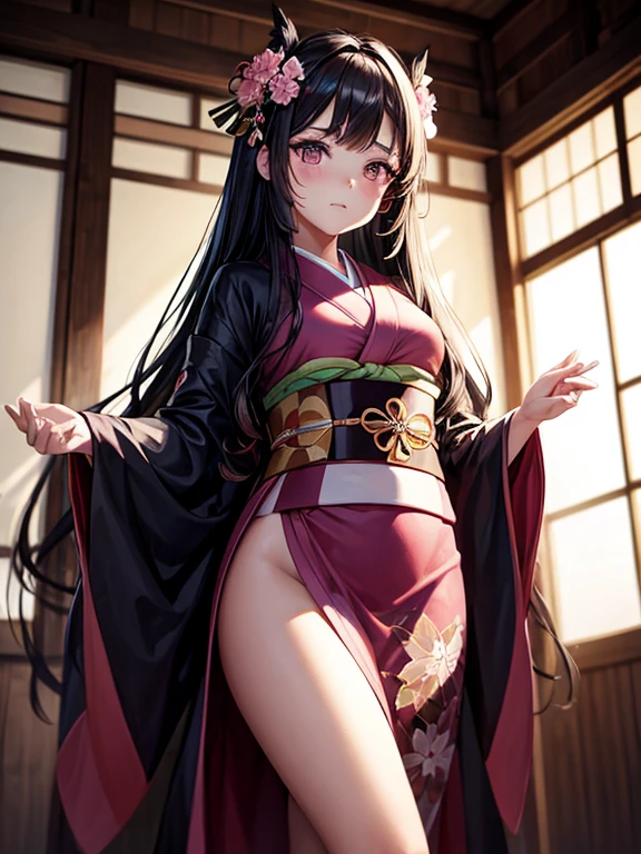 masterpiece, SEX (pink kimono), seductive face, good lighting, neckline, fine details, masterpiece, bright Eyes, 1girl, black hair, bite, bamboo, Nezuko Kamado, wisteria background, masterpiece, Best Quality, throw, whole body, Wide hips,