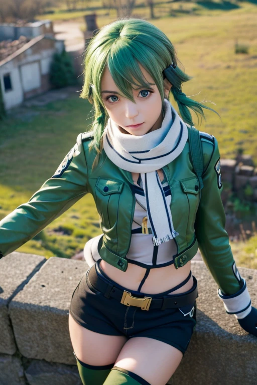 (masterpiece), best quality, expressive eyes, perfect face, highres, sinon1, scarf, fingerless gloves, long sleeves, short shorts, hair ornament, hairclip, green thighhighs, green jacket, thigh strap, field, ruins background, ruined structures, standing, portrait,  looking at the viewer, (from above:1.2)