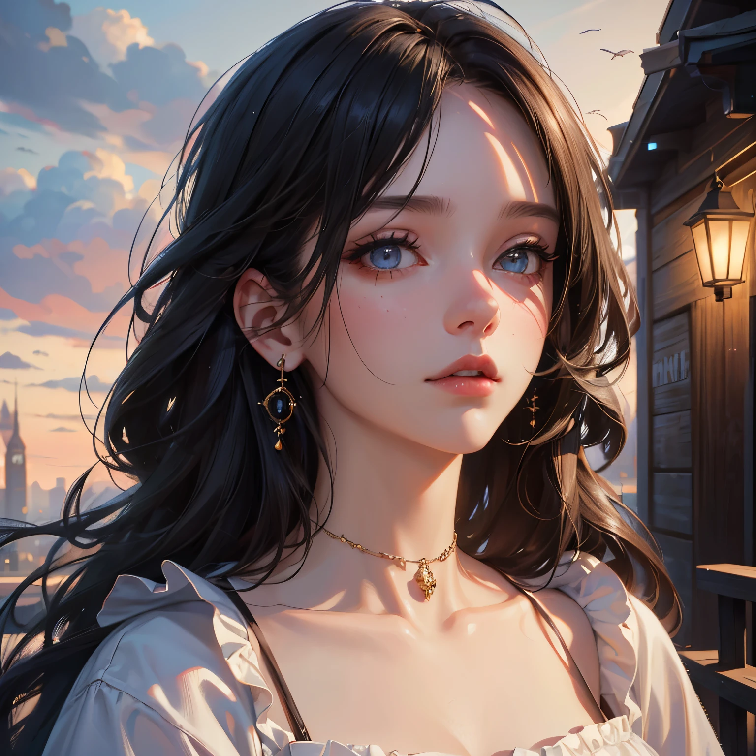 a beautiful young woman, baggy clothes,, city, houses, clouds, clear day intricate jewelry, sparkling hair,, beautiful detailed eyes, beautiful detailed lips, extremely detailed face, long eyelashes, (best quality,4k,8k,highres,masterpiece:1.2),ultra-detailed,(realistic,photorealistic,photo-realistic:1.37),professional,vivid colors,dramatic lighting,cinematic composition,elegant portraiture, 

