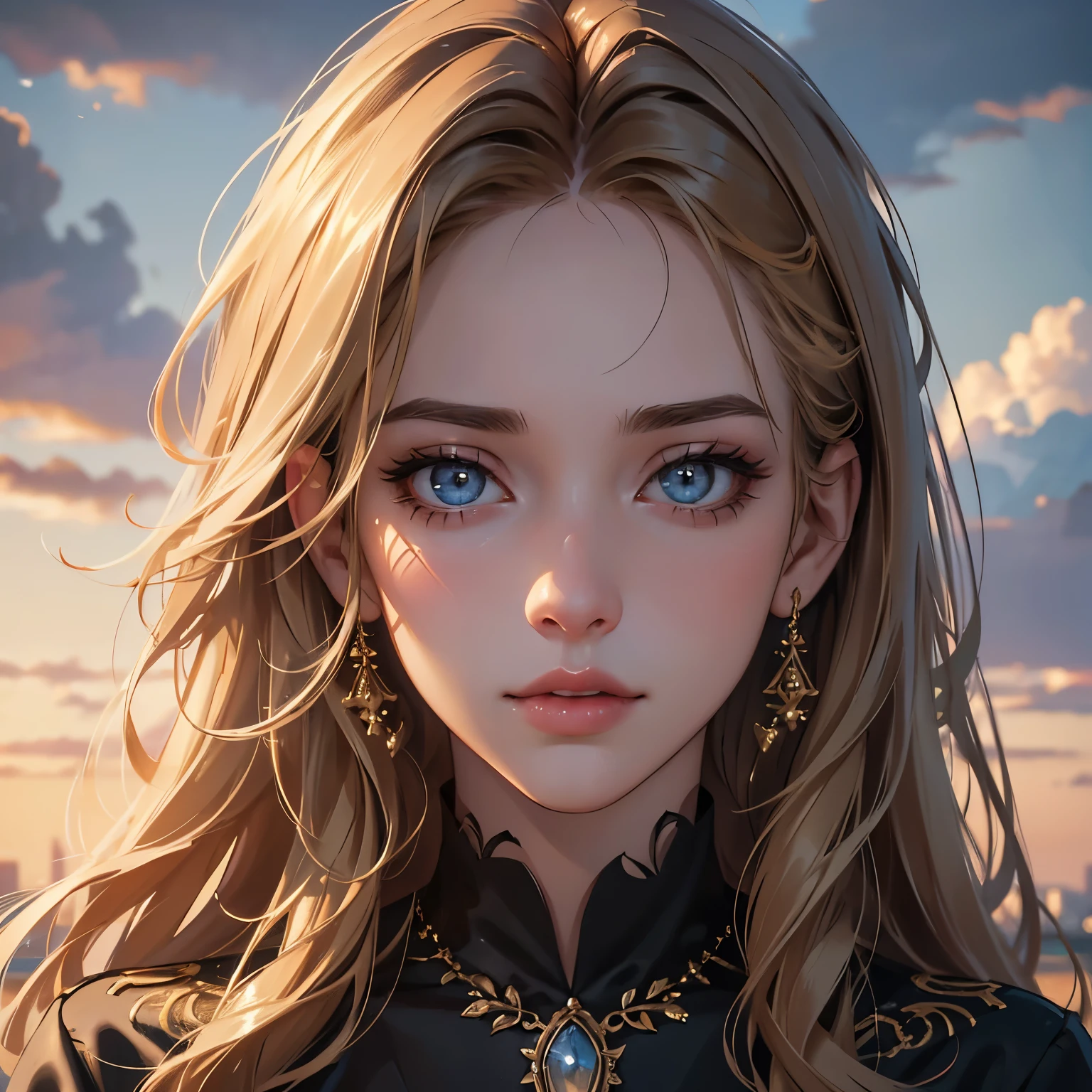 a beautiful young woman, baggy clothes,, city, houses, clouds, clear day intricate jewelry, sparkling hair,, beautiful detailed eyes, beautiful detailed lips, extremely detailed face, long eyelashes, (best quality,4k,8k,highres,masterpiece:1.2),ultra-detailed,(realistic,photorealistic,photo-realistic:1.37),professional,vivid colors,dramatic lighting,cinematic composition,elegant portraiture, gold hair