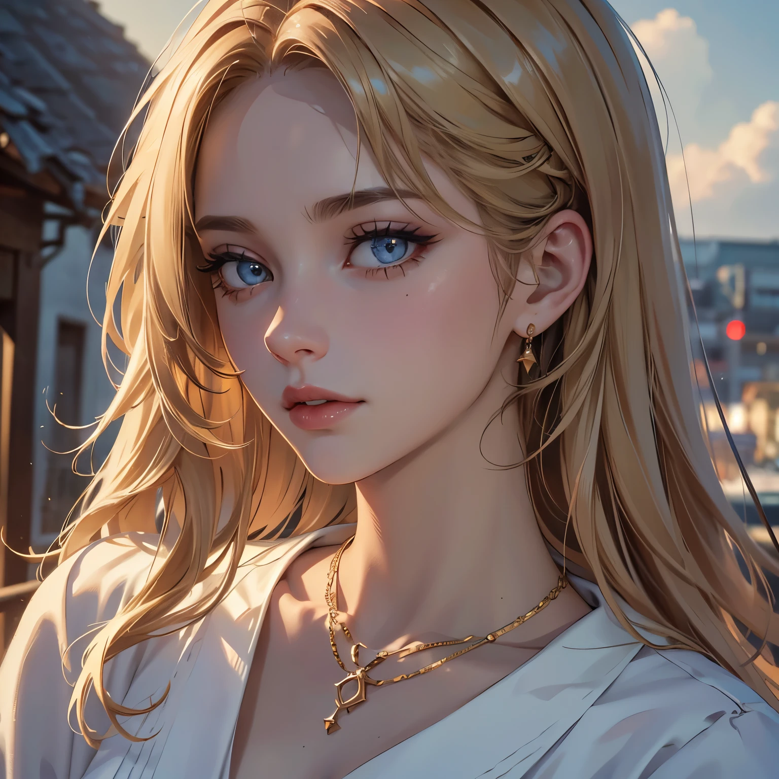 a beautiful young woman, baggy clothes,, city, houses, clouds, clear day intricate jewelry, sparkling hair,, beautiful detailed eyes, beautiful detailed lips, extremely detailed face, long eyelashes, (best quality,4k,8k,highres,masterpiece:1.2),ultra-detailed,(realistic,photorealistic,photo-realistic:1.37),professional,vivid colors,dramatic lighting,cinematic composition,elegant portraiture, gold hair