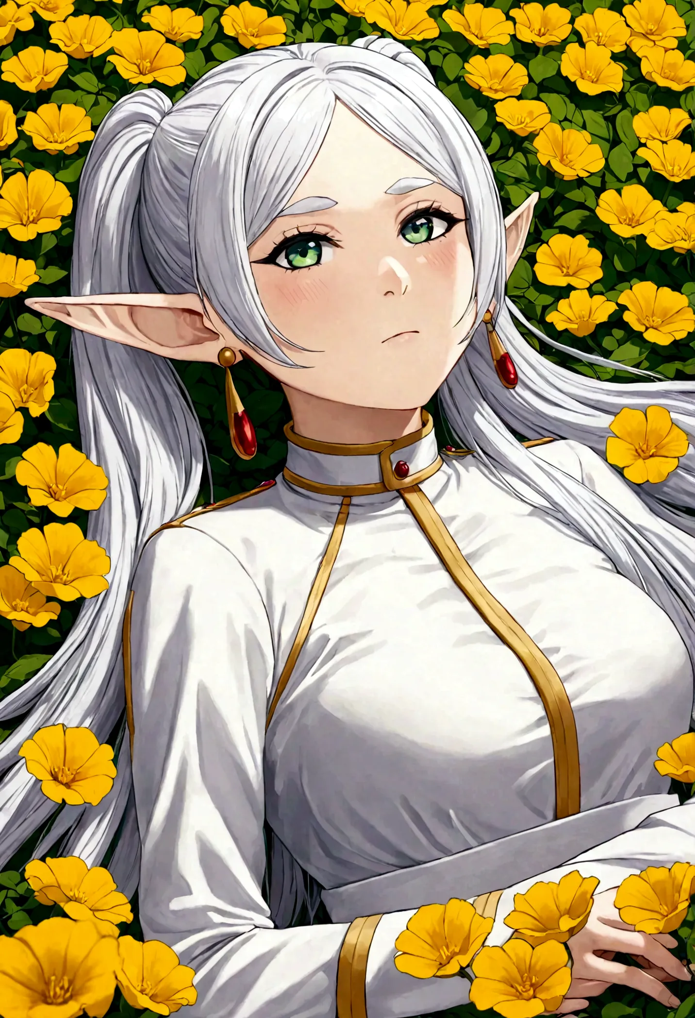 1girl, frieren, sousou no frieren, elf, white hair, long hair, long sleeves, earrings, lying in a majestic yellow flowerbed, blu...