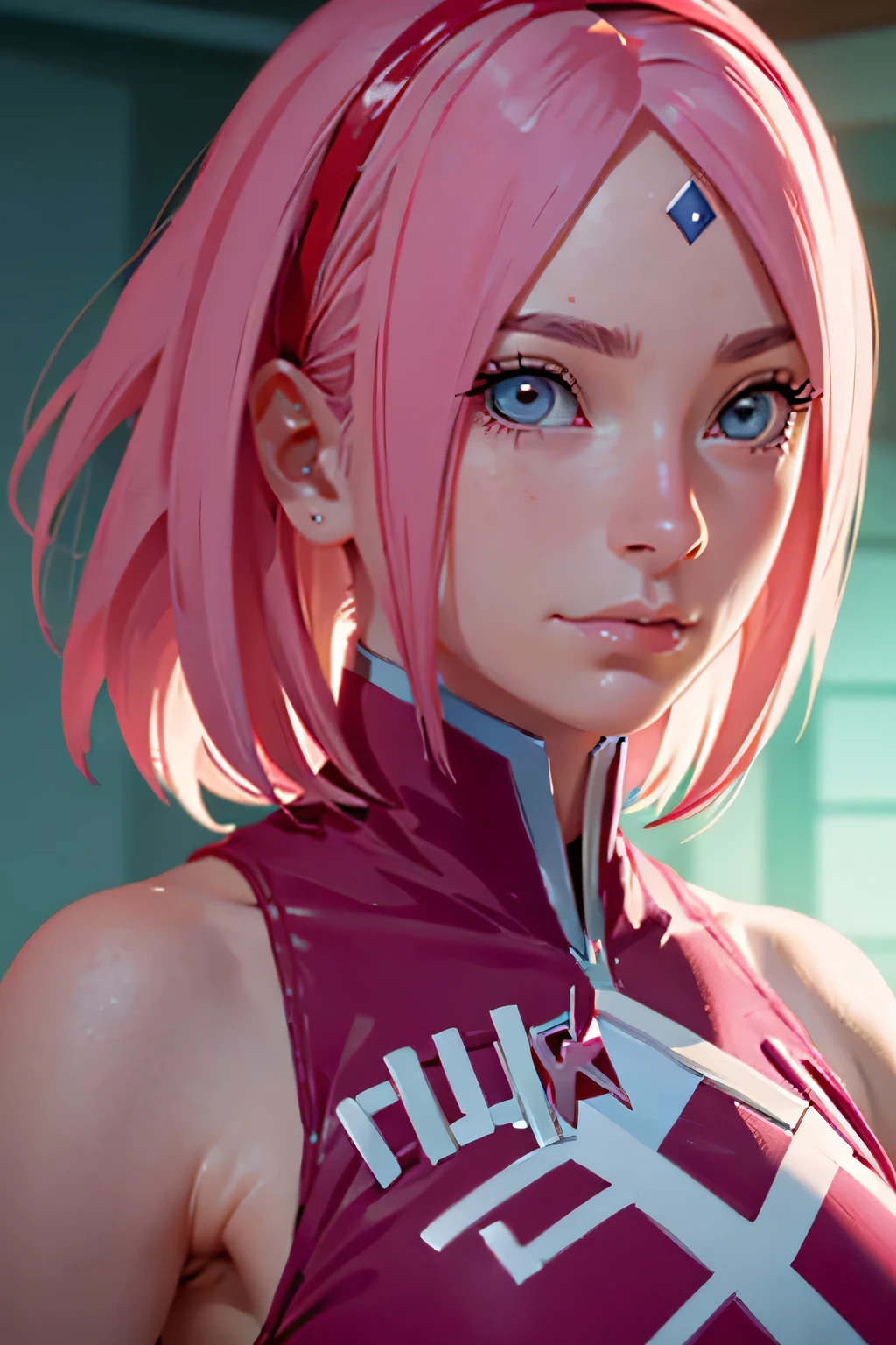 Sakura haruno detailed face detailed body detailed background perfect lighting great quality, mulher bonita de cabelo rosa, feliz sorrindo