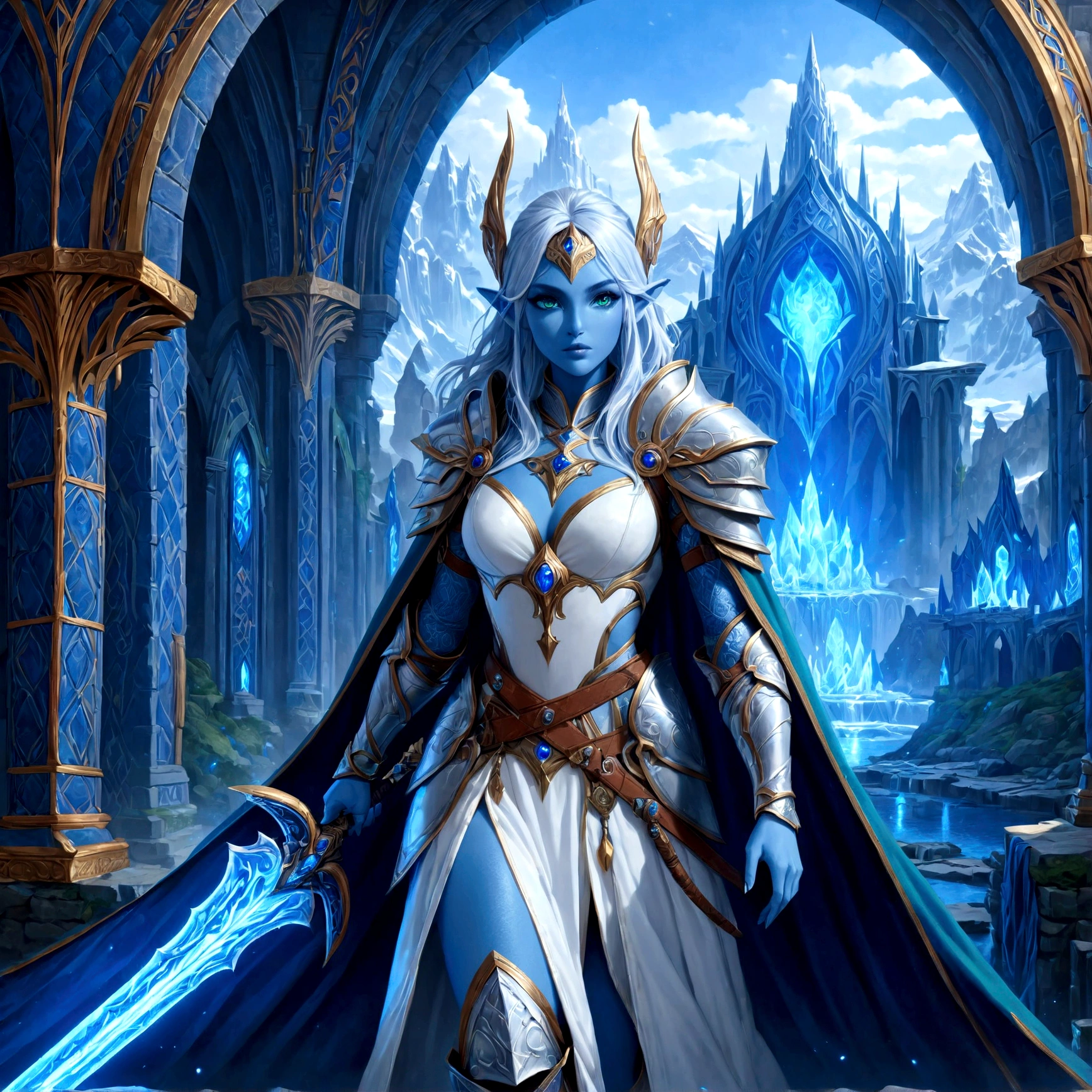 antasy art, dnd art, RPG art, wide shot, (masterpiece: 1.4) a (portrait: 1.3) intense details, highly detailed, photorealistic, best quality, highres, portrait a female (fantasy art, Masterpiece, best quality: 1.3) ((blue skin: 1.5)), intense details facial details, exquisite beauty, (fantasy art, Masterpiece, best quality) cleric, (blue: 1.3) skinned female, white hair, long hair, (hair hides ears: 1.5), (green: 1.3) eye, fantasy art, Masterpiece, best quality) armed a fiery sword red fire, wearing heavy (white: 1.3) half plate mail armor, wearing high heeled laced boots, wearing an(orange :1.3) cloak, wearing glowing holy symbol GlowingRunes_yellow, within fantasy temple background, reflection light, high details, best quality, 16k, [ultra detailed], masterpiece, best quality, (extremely detailed), close up, ultra wide shot, photorealistic, RAW, fantasy art, dnd art, fantasy art, realistic art,((best quality)), ((masterpiece)), (detailed), perfect face, colouredglazecd_xl