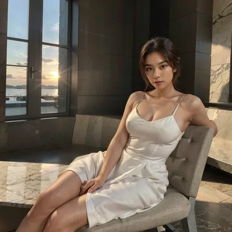 Female supermodel. Sits on granite bench. The Queen's Gallery. White evening dress. Sunset.