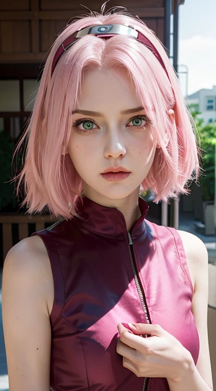 young woman, short shoulder-length pink hair, wide forehead, porcelain skin, pink eyebrows, big emerald green eyes, buttoned nose, full lips, heart-shaped face, slender body, small breasts, red tank top, Sakura Haruno , realistic, realism, details, 3d, well detailed
