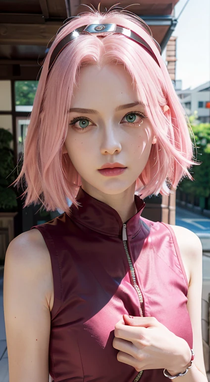 young woman, short shoulder-length pink hair, wide forehead, porcelain skin, pink eyebrows, big emerald green eyes, buttoned nose, full lips, heart-shaped face, slender body, small breasts, red tank top, Sakura Haruno , realistic, realism, details, 3d, well detailed
