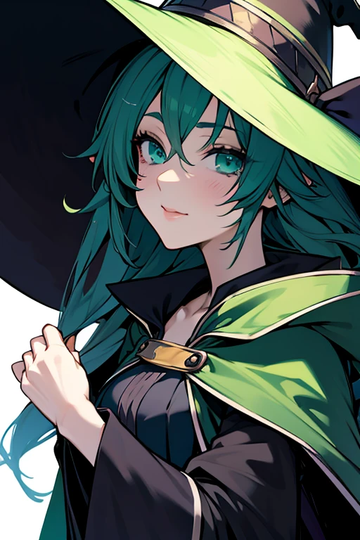 a close up of a person wearing a hat and dress, flirty anime witch casting magic, gothic maiden anime girl, anime girl with long hair, fashionable dark witch, in a cloak with long hairs, anime girl wearing a black dress, dark witch character, with a green cloak, witch girl, classical witch, green hair, haloween, backgraund night alley, older, age 24