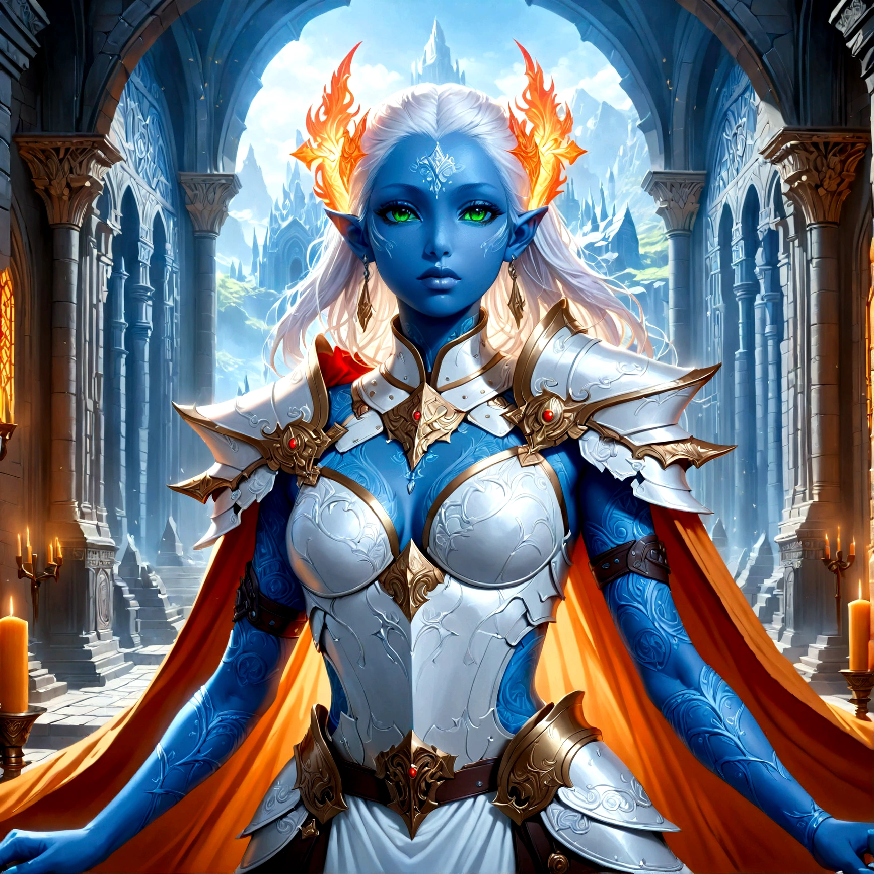 fantasy art, dnd art, RPG art, wide shot, (masterpiece: 1.4) a (portrait: 1.3) intense details, highly detailed, photorealistic, best quality, highres, portrait a female (fantasy art, Masterpiece, best quality: 1.3) ((blue skin: 1.5)), intense details facial details, exquisite beauty, (fantasy art, Masterpiece, best quality) cleric, (blue skinned: 1.3)  female, white hair, long hair, (no ears: 1.5), (green eyes: 1.3), armed with a fiery sword red fire, wearing heavy (white armor: 1.3), wearing high heeled laced boots, wearing an (orange cloak:1.3), wearing glowing holy symbol GlowingRunes_yellow, within fantasy temple background, reflection light, high details, best quality, 16k, [ultra detailed], masterpiece, best quality, (extremely detailed), close up, ultra wide shot, photorealistic, RAW, fantasy art, dnd art, fantasy art, realistic art,((best quality)), ((masterpiece)), (detailed), perfect face, 