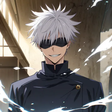 (1 male,satoru gojo,jujutsu kaisen,gray hair),(gojo satoru costume details:black clothes with a high collar,(black blindfold)), ...