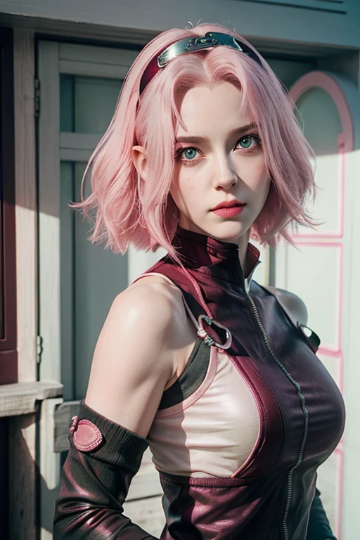 young woman, short shoulder-length pink hair, wide forehead, porcelain skin, pink eyebrows, big emerald green eyes, buttoned nose, full lips, heart-shaped face, slender body, small breasts, red tank top, Sakura Haruno , realistic, realism, details, 3d, well detailed
