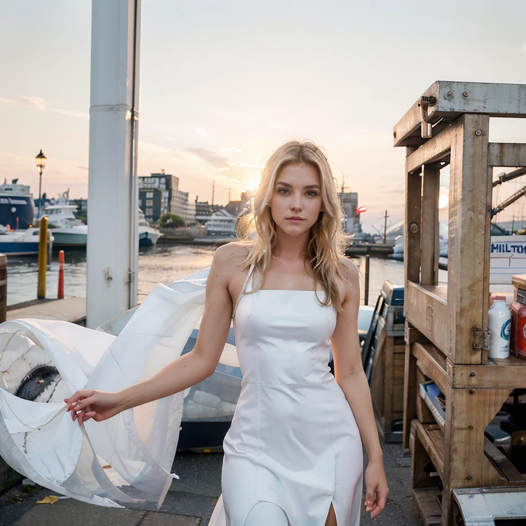 supermodelo femenina. Mercado de pescado de Billingsgate, Londres. Vestido de noche blanco. atardecer